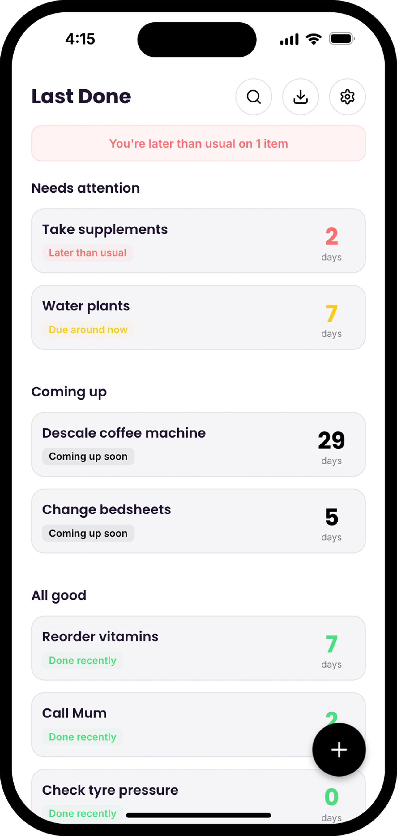 JustWhen app showing tasks organised by what needs attention